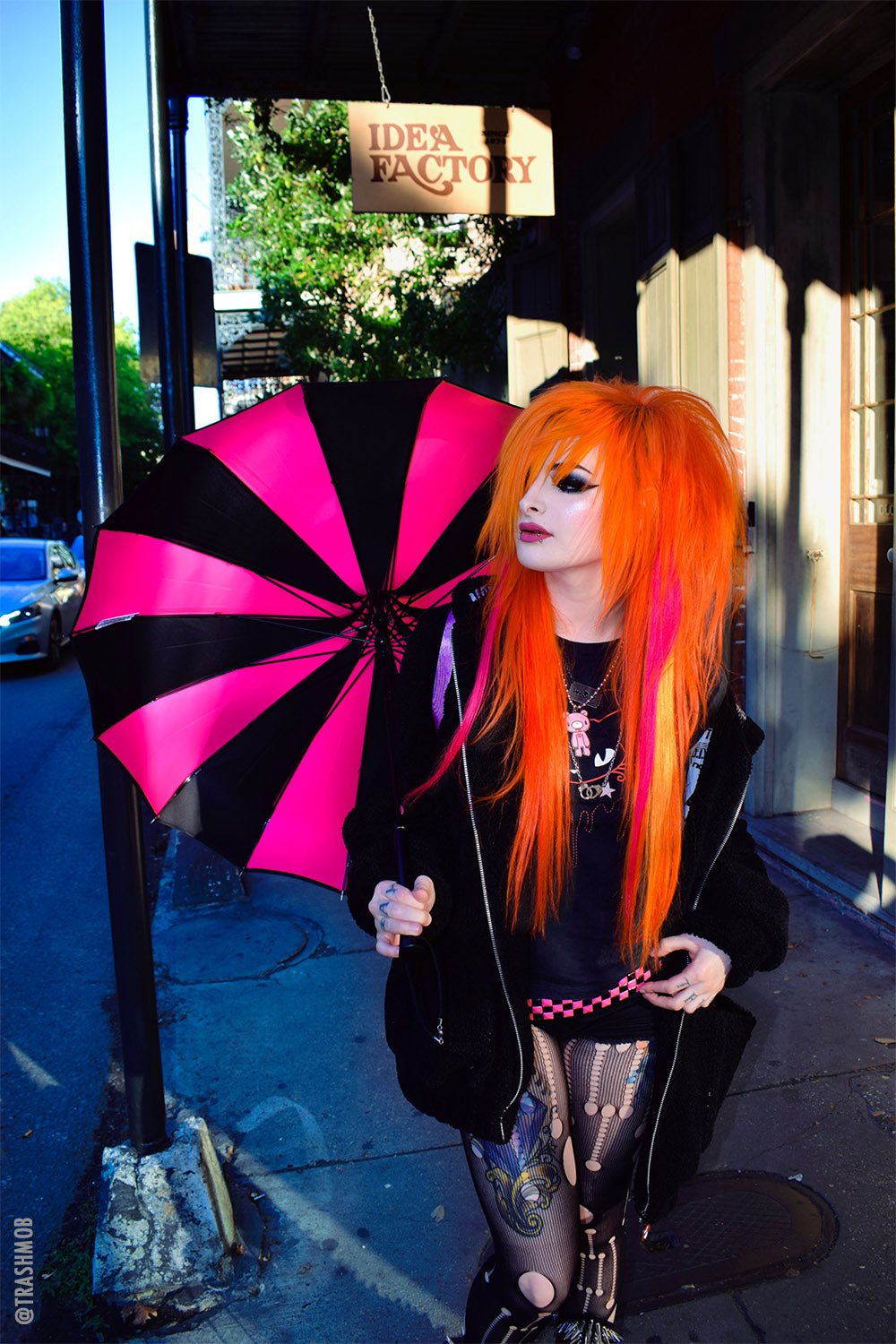 Batwing Pagoda Umbrella – Black & Hot Pink Statement Stripe