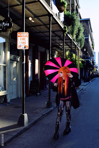 Batwing Pagoda Umbrella – Black & Hot Pink Statement Stripe