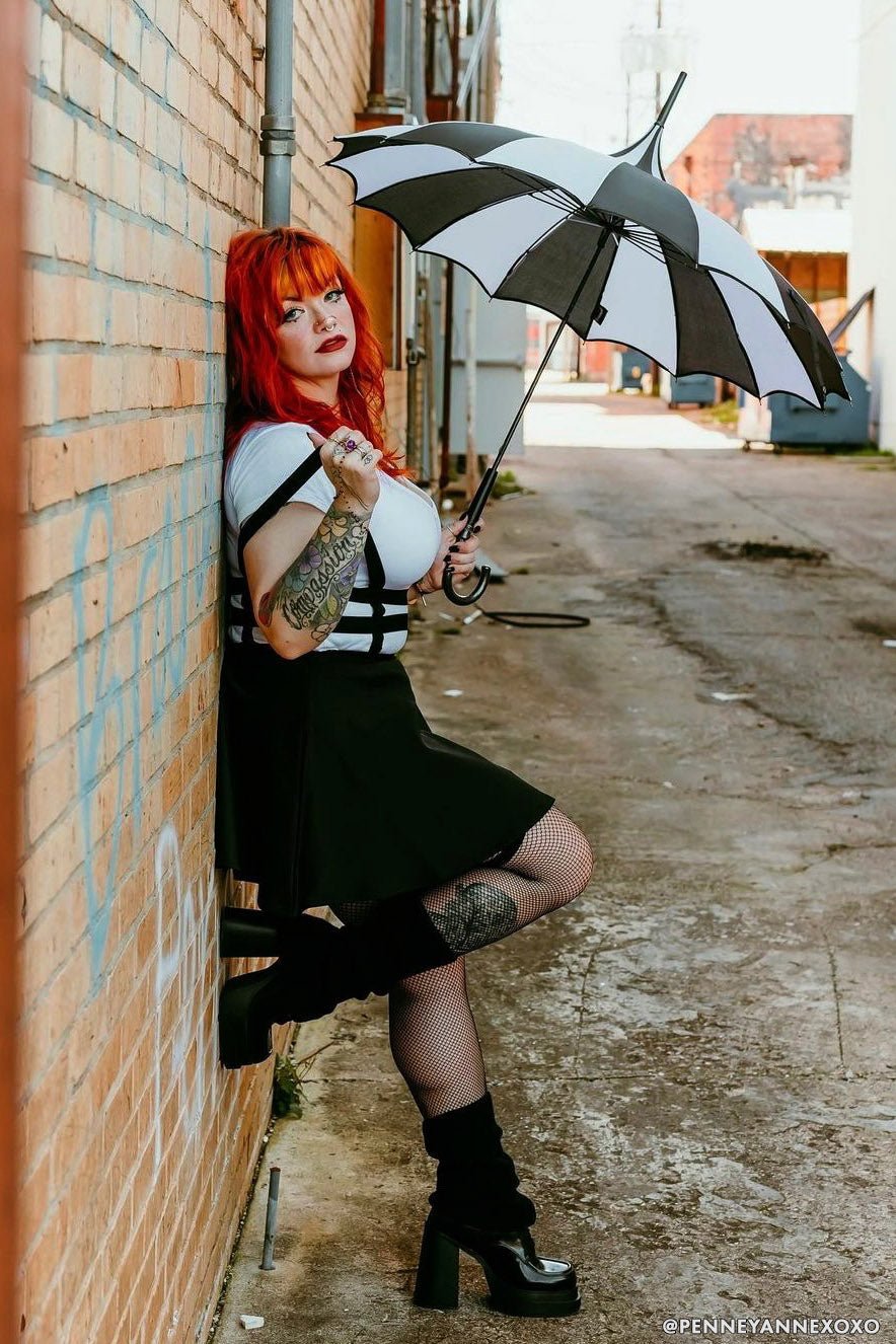 Batwing Pagoda Umbrella – Black & White Statement Stripe