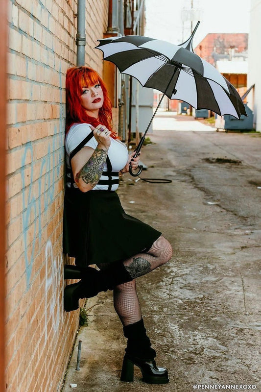 Batwing Pagoda Umbrella – Black & White Statement Stripe