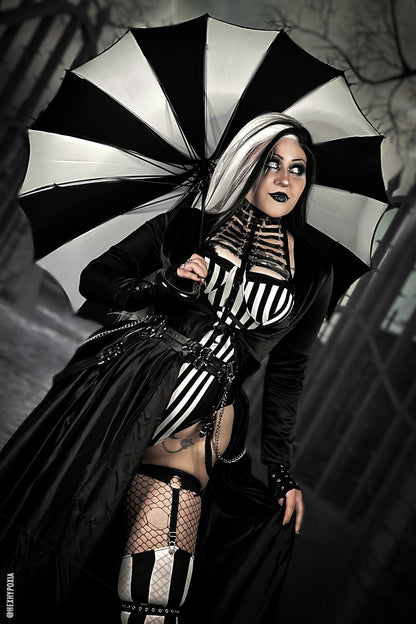 Batwing Pagoda Umbrella – Black & White Statement Stripe