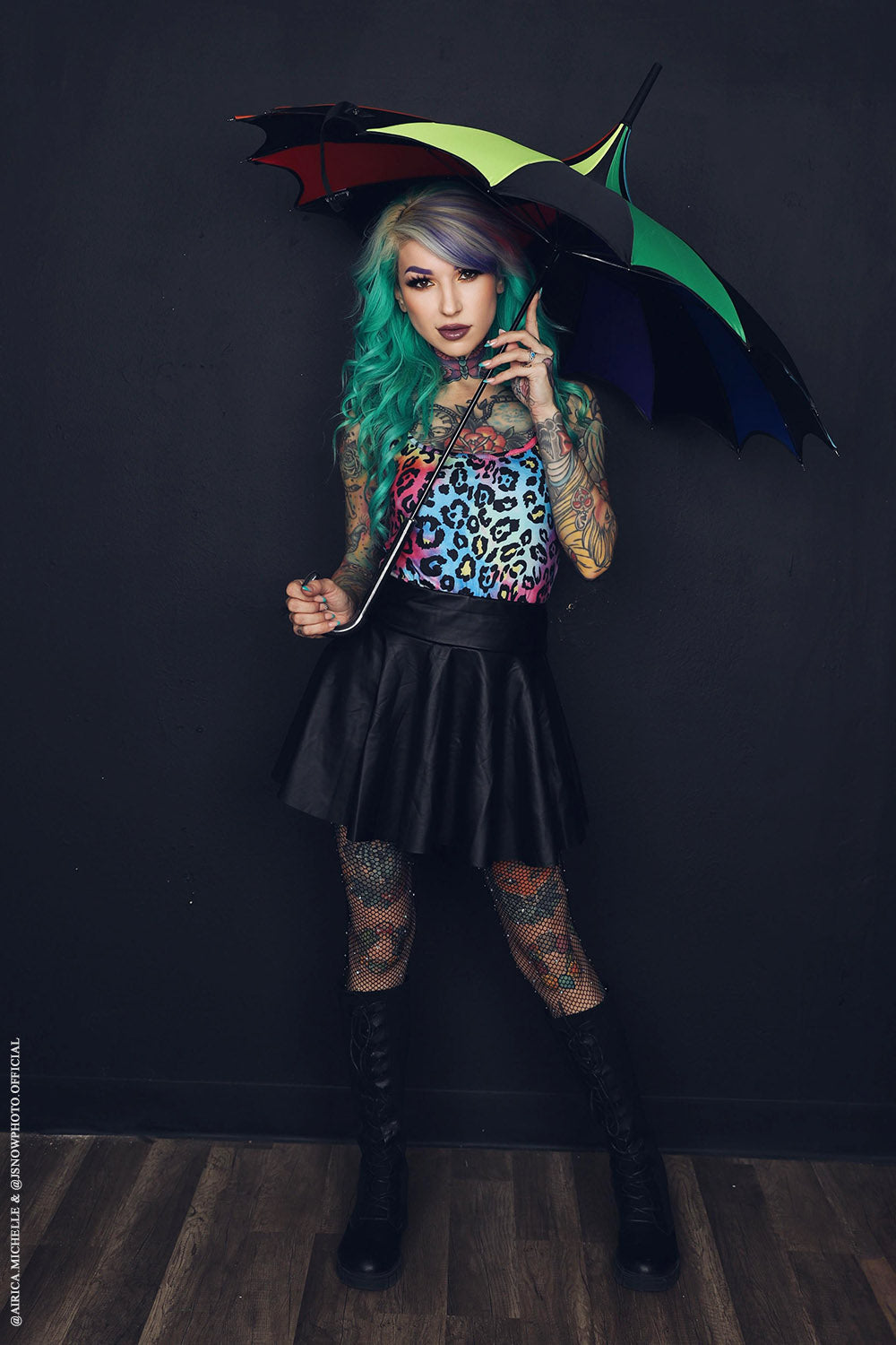 Batwing Pagoda Umbrella – Goth Rainbow Statement Stripe