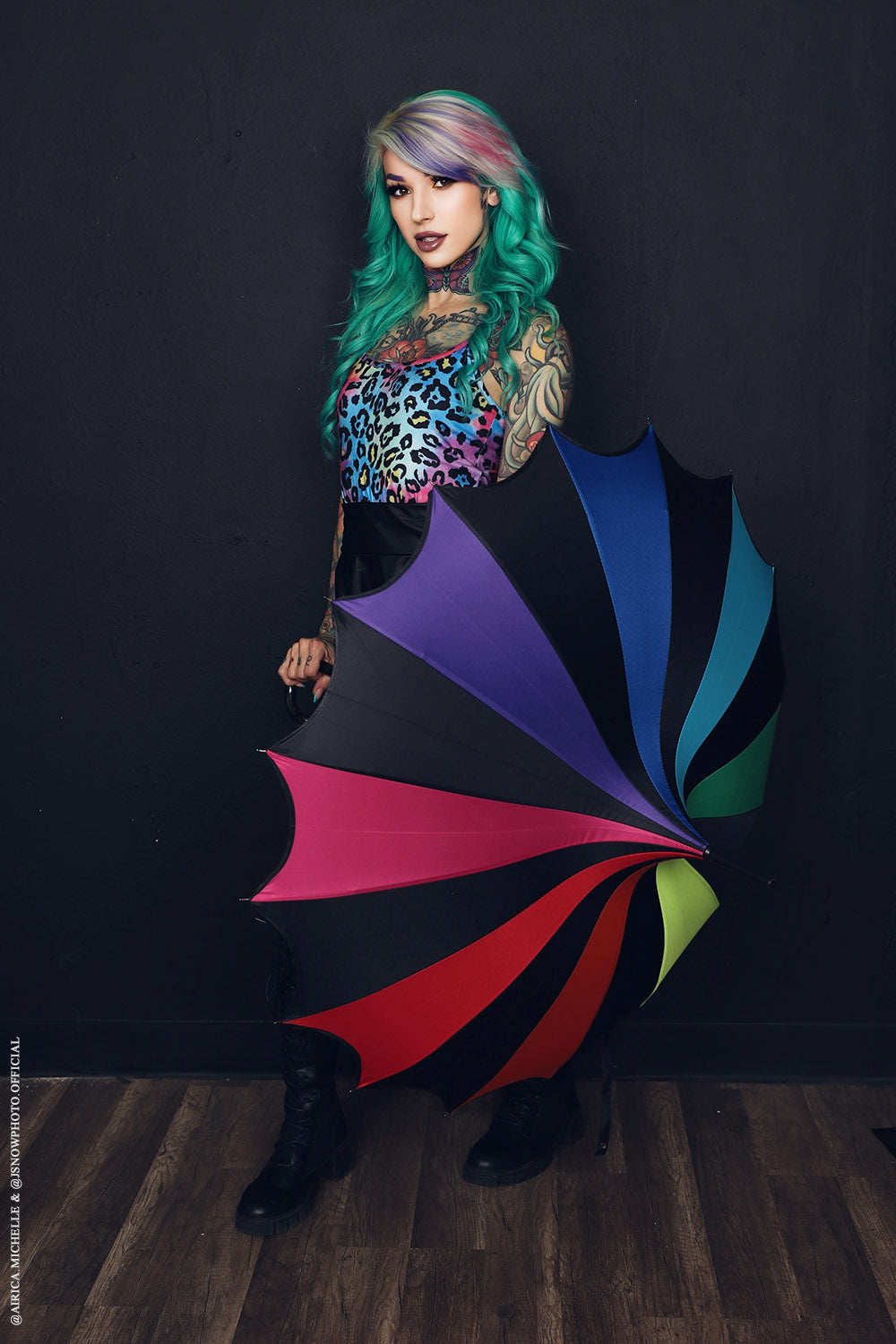 Batwing Pagoda Umbrella – Goth Rainbow Statement Stripe