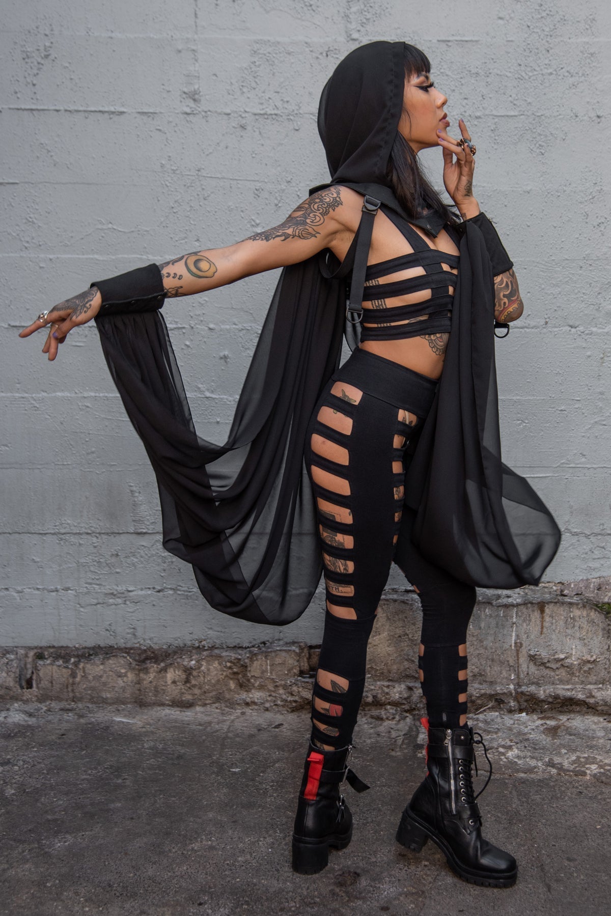 Nocturne Flow Hood — Chiffon Winged Hooded Layer | Five and Diamond