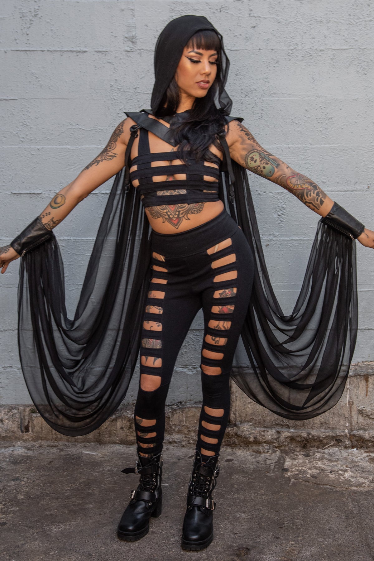 Silk Wing Hood — Silk Chiffon & Leather Statement Layer | Five and Diamond