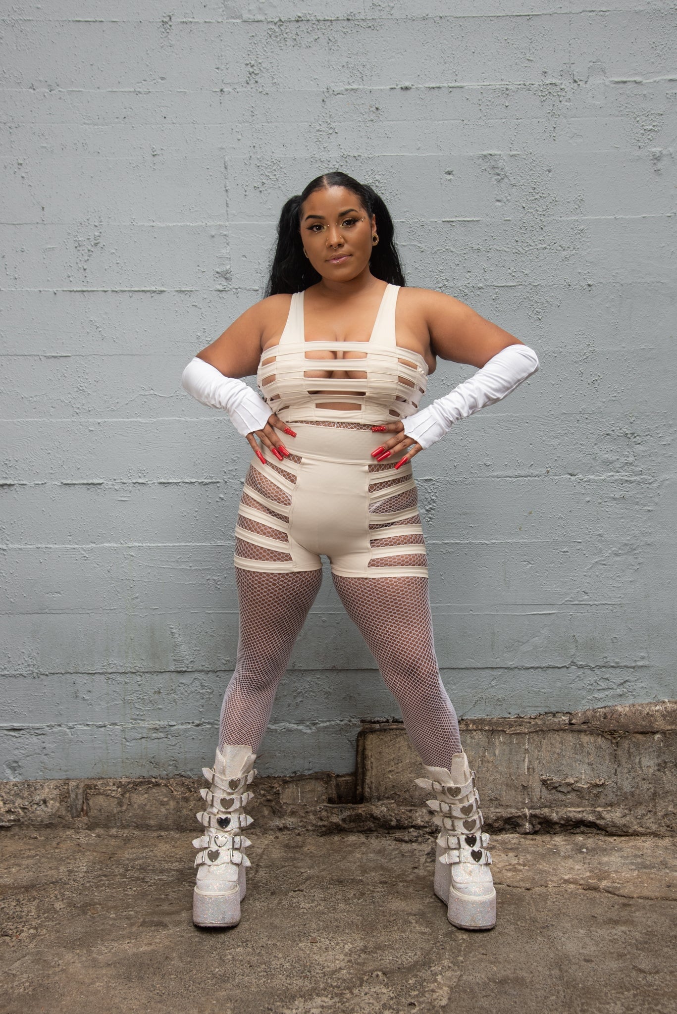 Delila Curve Ladder Shorts — White Nylon | Five and Diamond