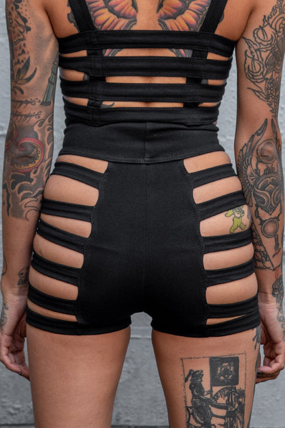 Delila Ladder Detail Shorts — Black Cotton | Five and Diamond