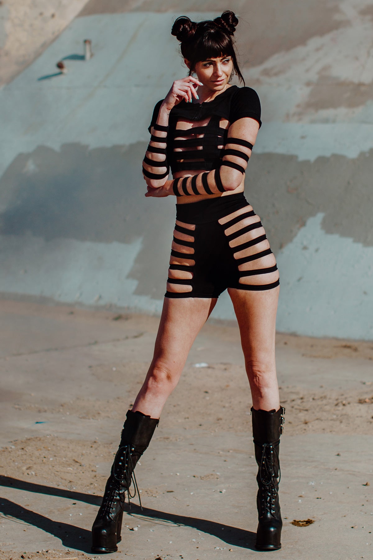 Delila Ladder Detail Shorts — Black Cotton | Five and Diamond