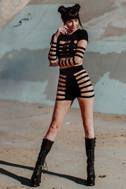 Delila Ladder Detail Shorts — Black Cotton | Five and Diamond