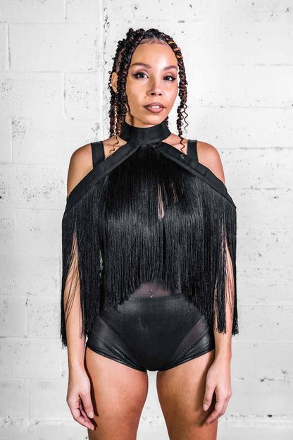 Fringe Halter — Dense Fringe Convertible Collar in Black | Five and Diamond