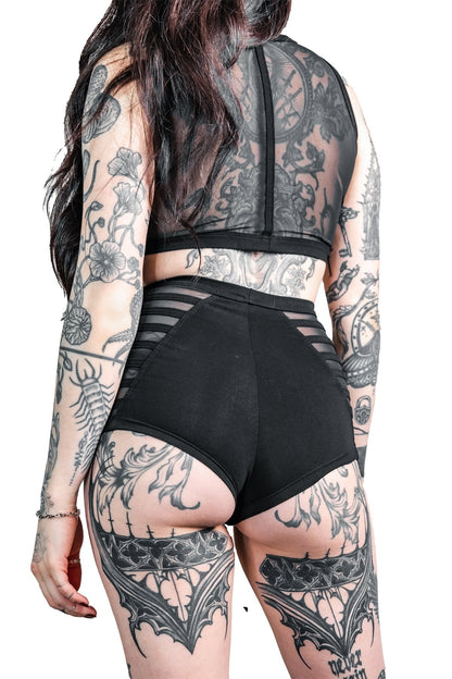 Gamut High Waist Booty Shorts — Black Cotton & Mesh| Five and Diamond