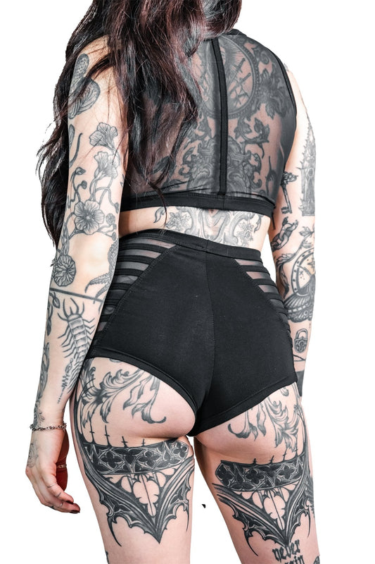 Gamut High Waist Booty Shorts — Black Cotton & Mesh| Five and Diamond