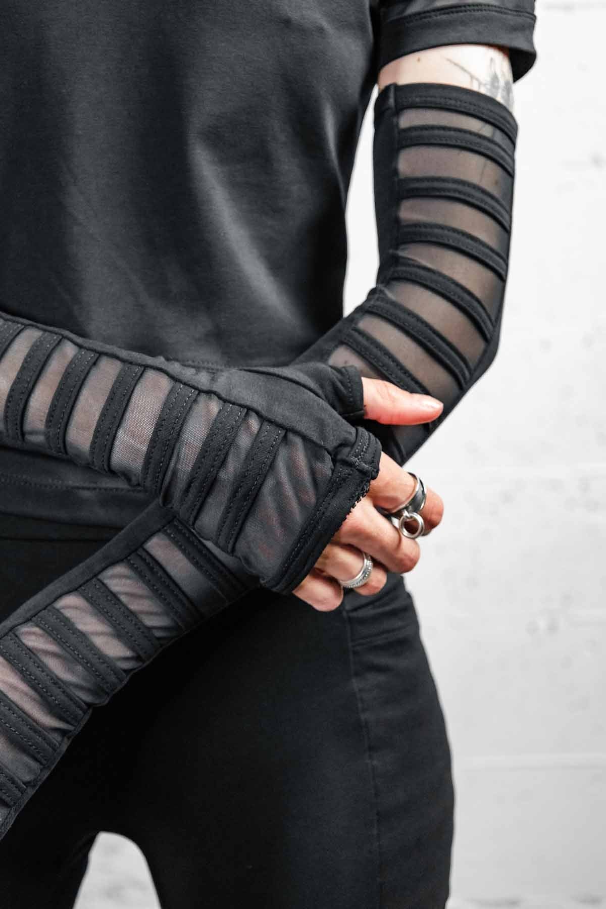 Opera Length Gamut Gloves — Black Cotton & Mesh | Five and Diamond