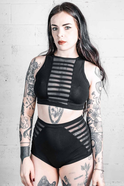 Gamut High Waist Booty Shorts — Black Cotton & Mesh| Five and Diamond