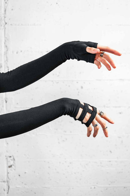 Opera Length Nina Gloves  — Black Cotton | Five and Diamond