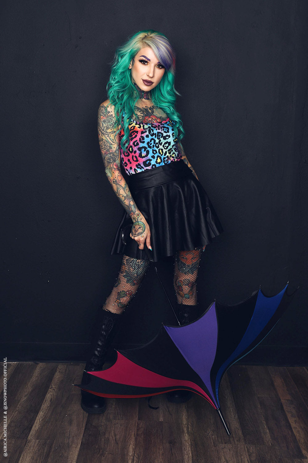 Batwing Pagoda Umbrella – Goth Rainbow Statement Stripe