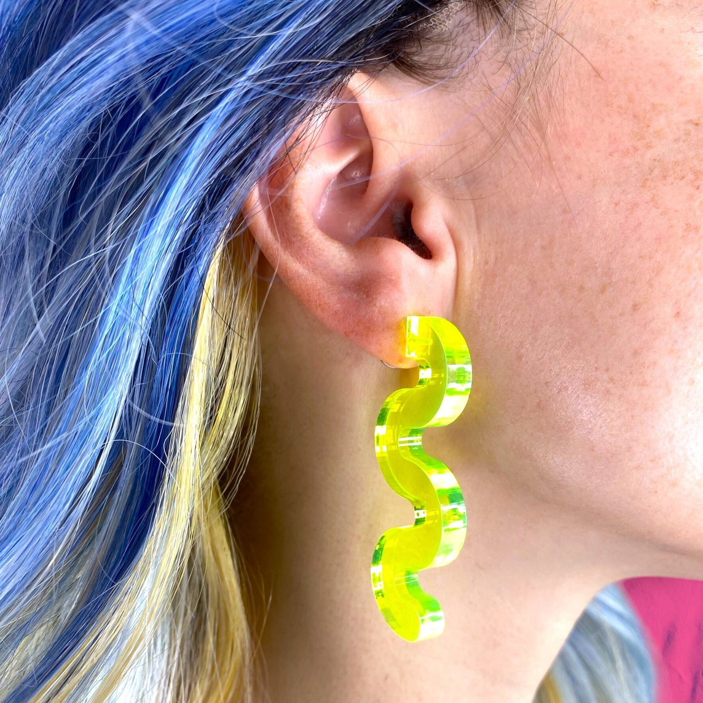 Abstract Squiggle Statement Earrings – Clear Green UV Reactive 🌙