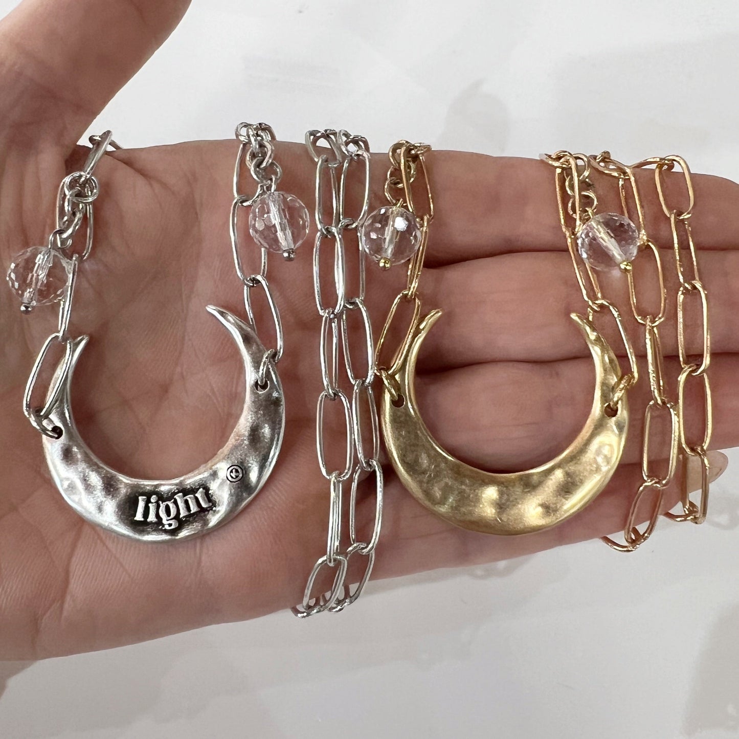 Crescent Light Long Chain Necklace — Quartz + Antique Gold or Silver