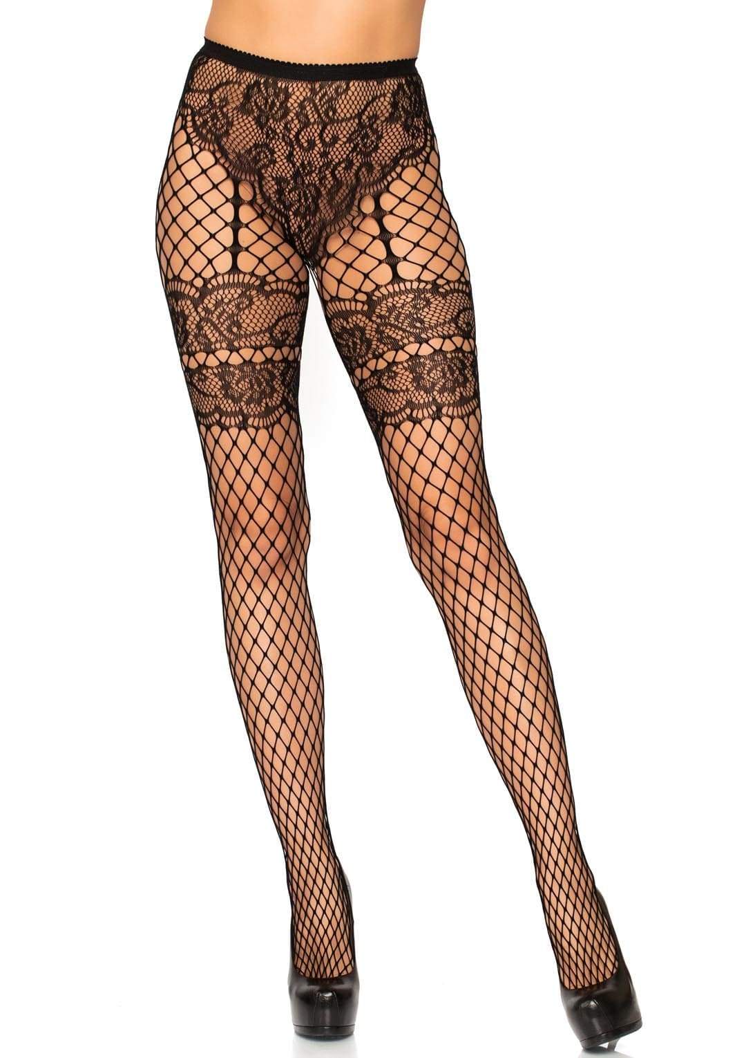 Lace Illusion Garter Fishnet Tights — Sculpted Statement Black