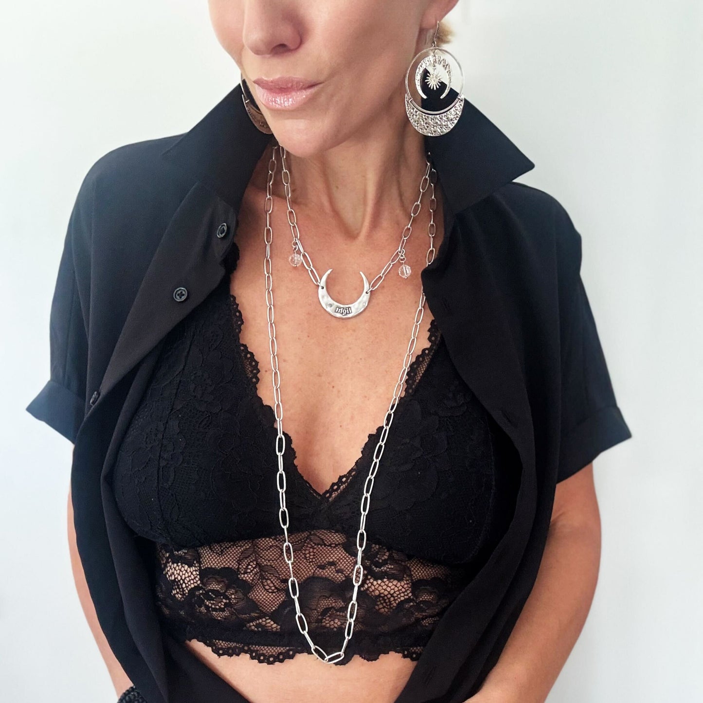 Crescent Light Long Chain Necklace — Quartz + Antique Gold or Silver