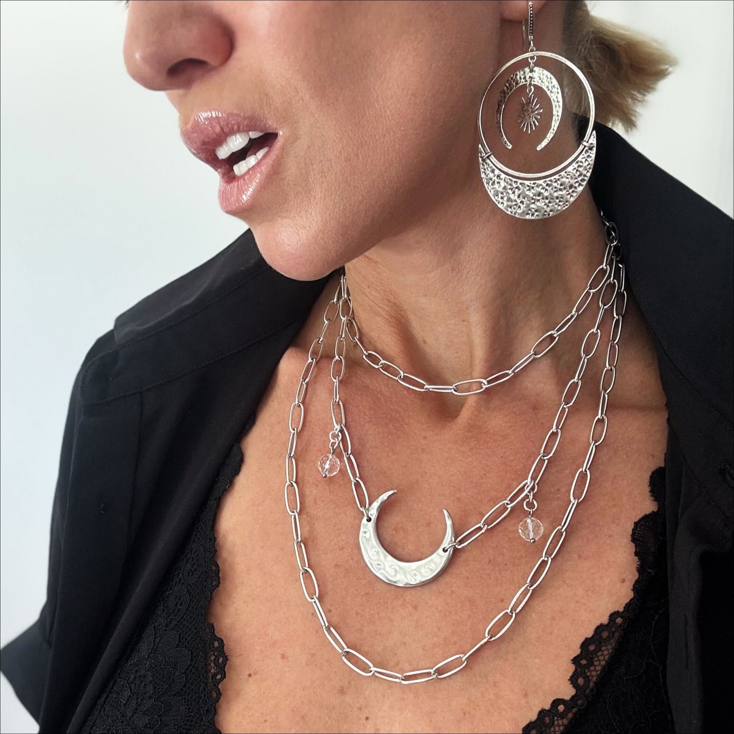 Crescent Light Long Chain Necklace — Quartz + Antique Gold or Silver