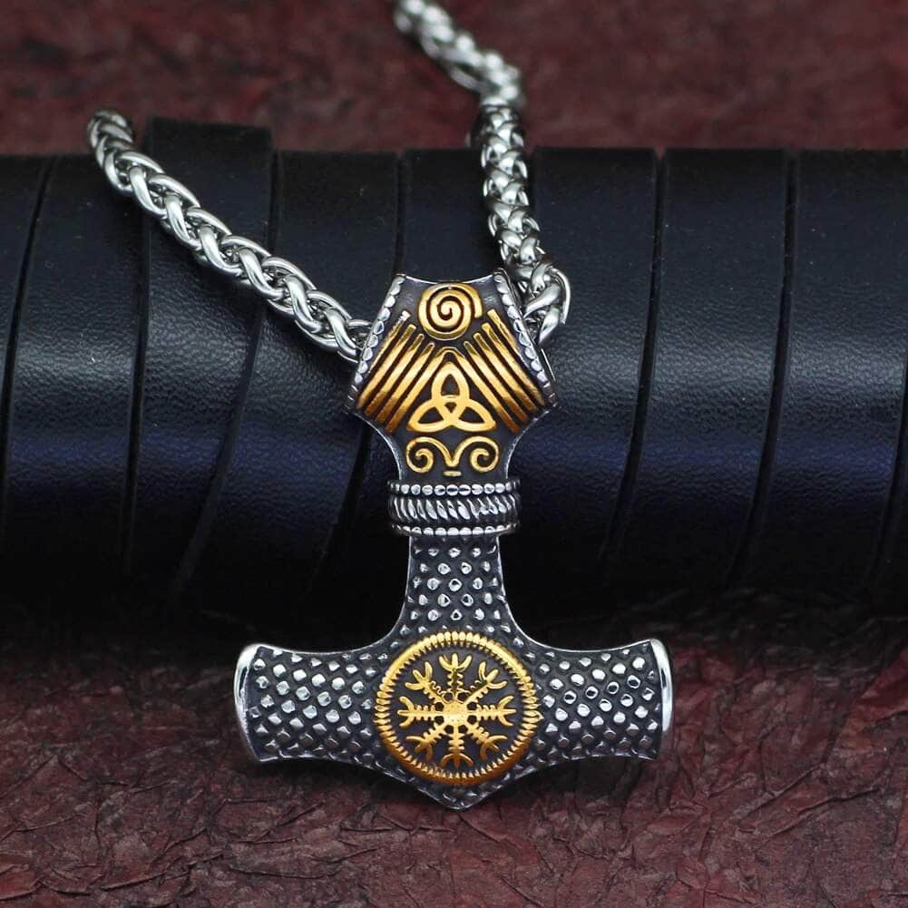 Mjolnir x Helm of Awe Necklace — Stainless Steel