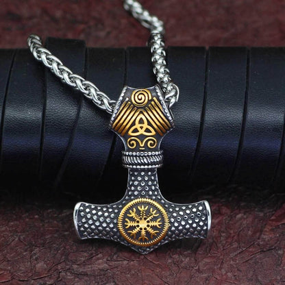 Mjolnir x Helm of Awe Necklace — Stainless Steel