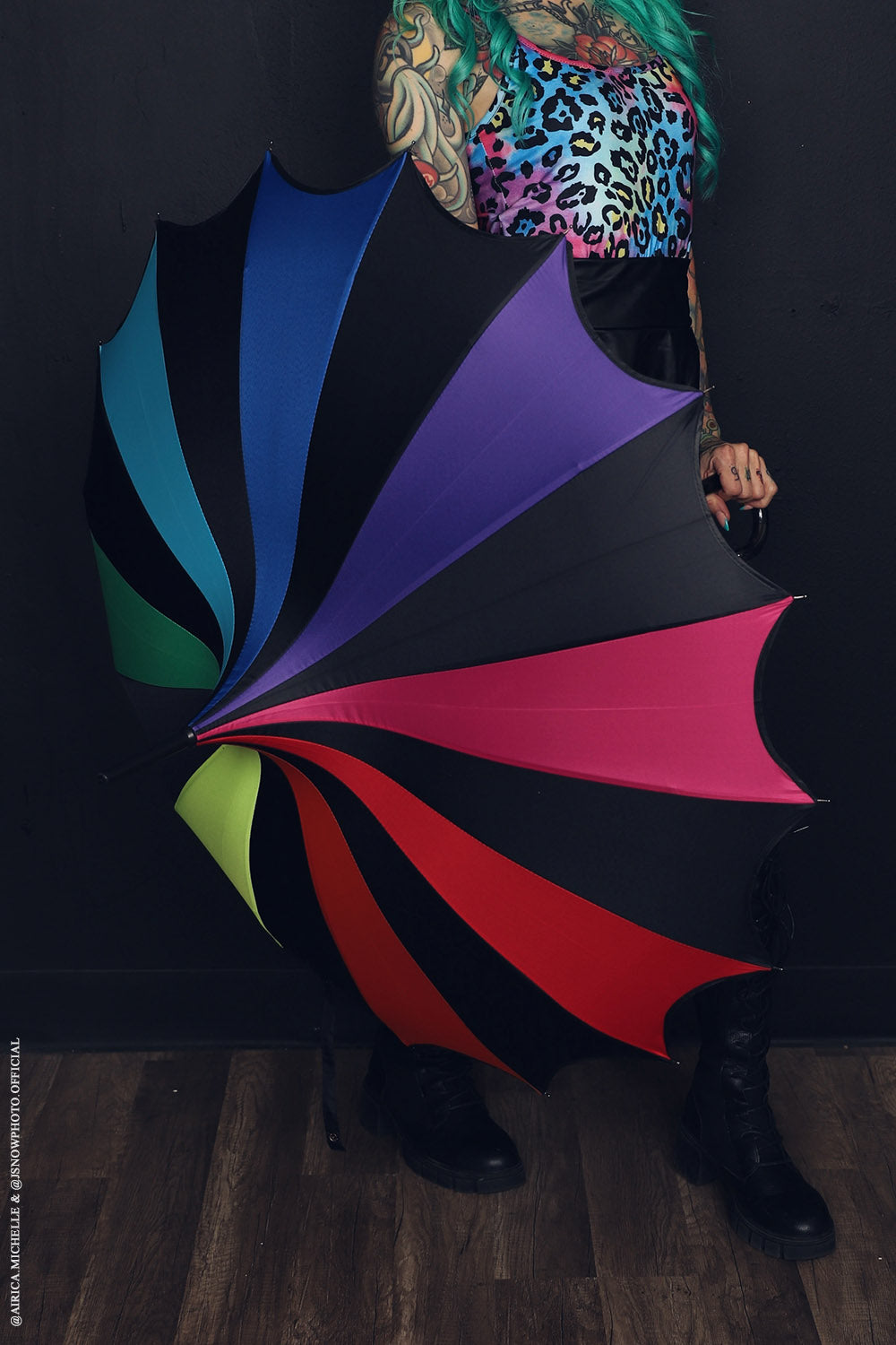 Batwing Pagoda Umbrella – Goth Rainbow Statement Stripe