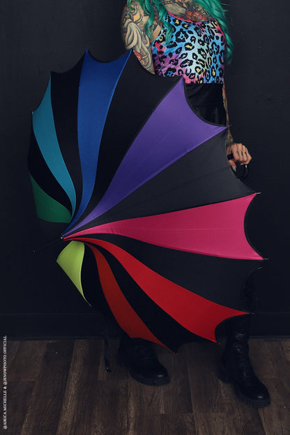 Batwing Pagoda Umbrella – Goth Rainbow Statement Stripe