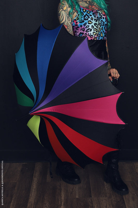 Batwing Pagoda Umbrella – Goth Rainbow Statement Stripe