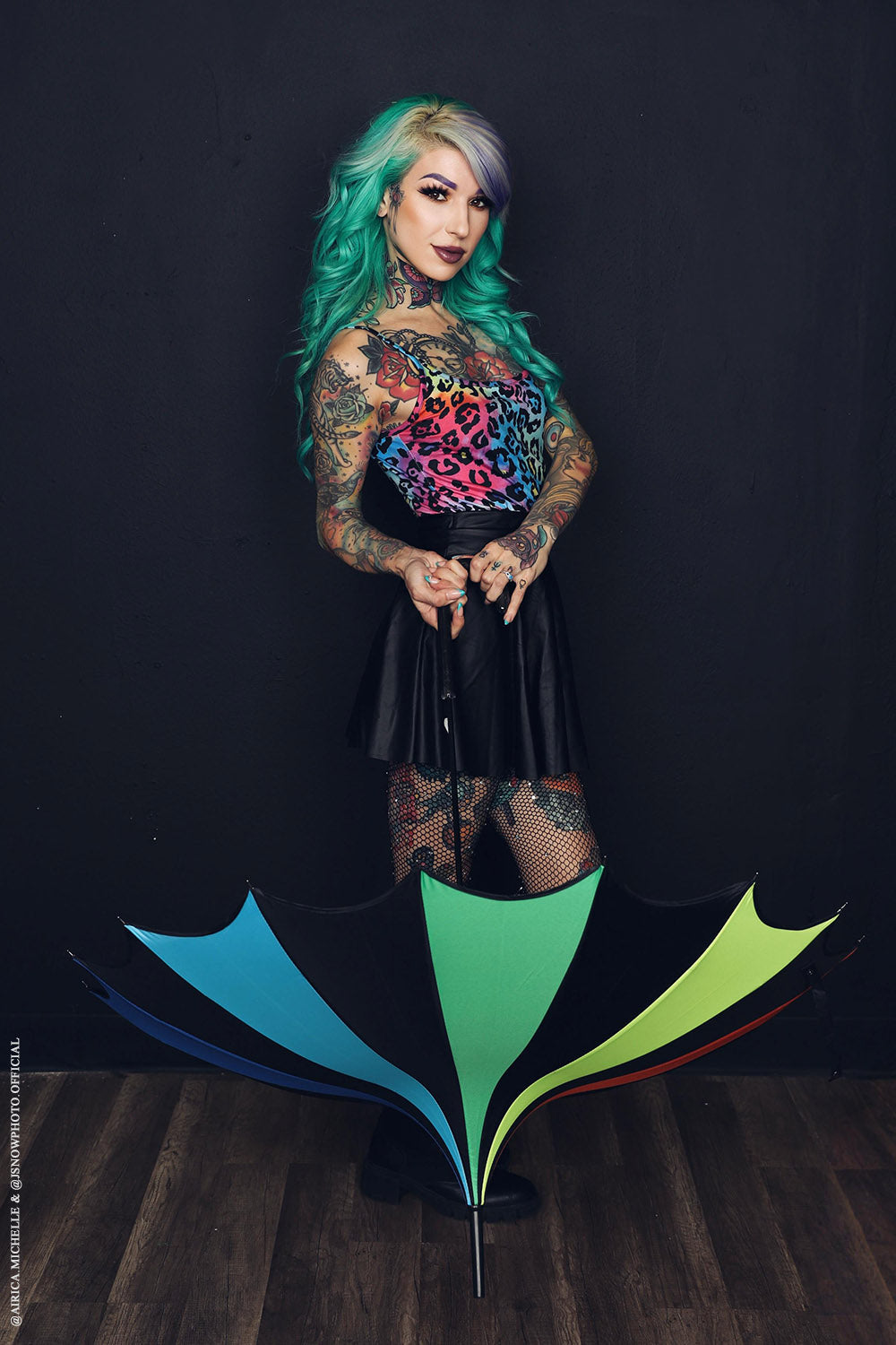 Batwing Pagoda Umbrella – Goth Rainbow Statement Stripe