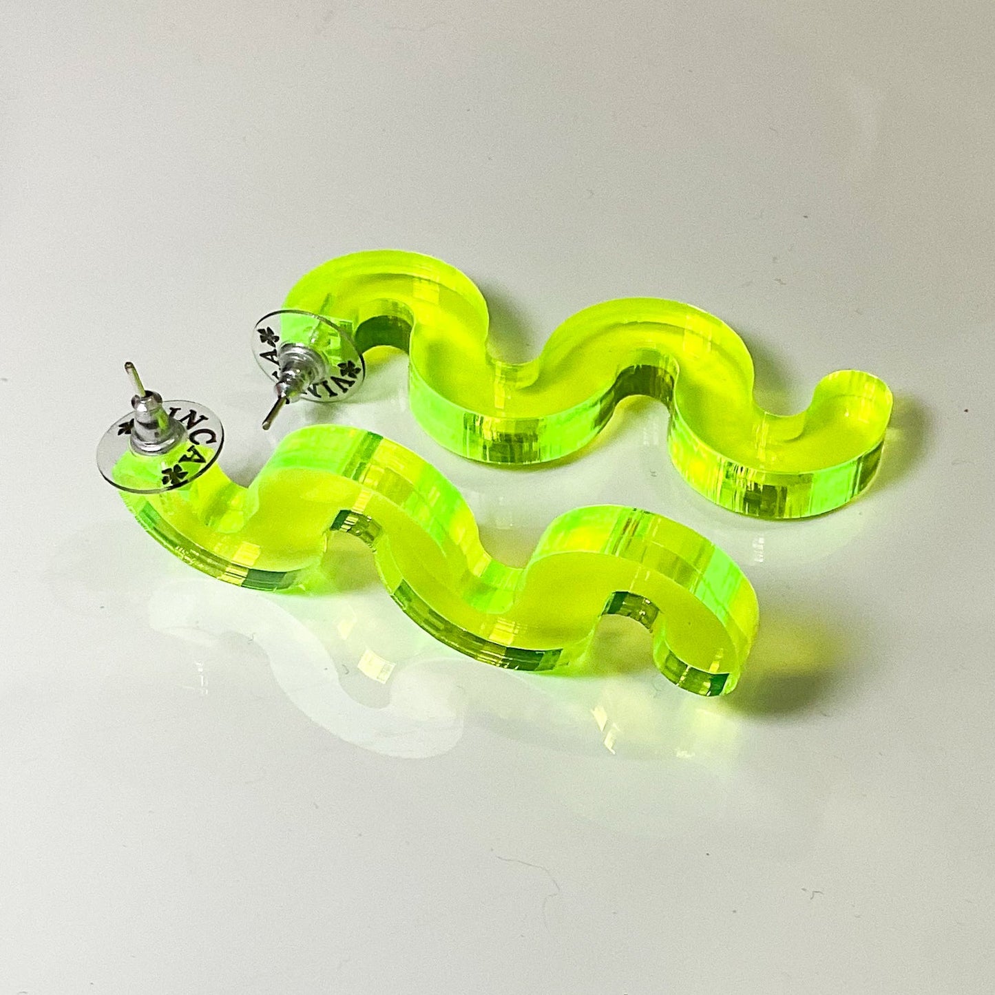 Abstract Squiggle Statement Earrings – Clear Green UV Reactive 🌙