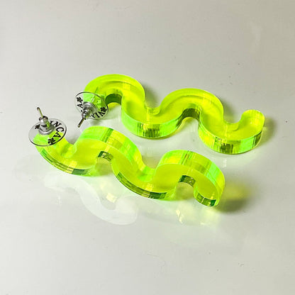 Abstract Squiggle Statement Earrings – Clear Green UV Reactive 🌙