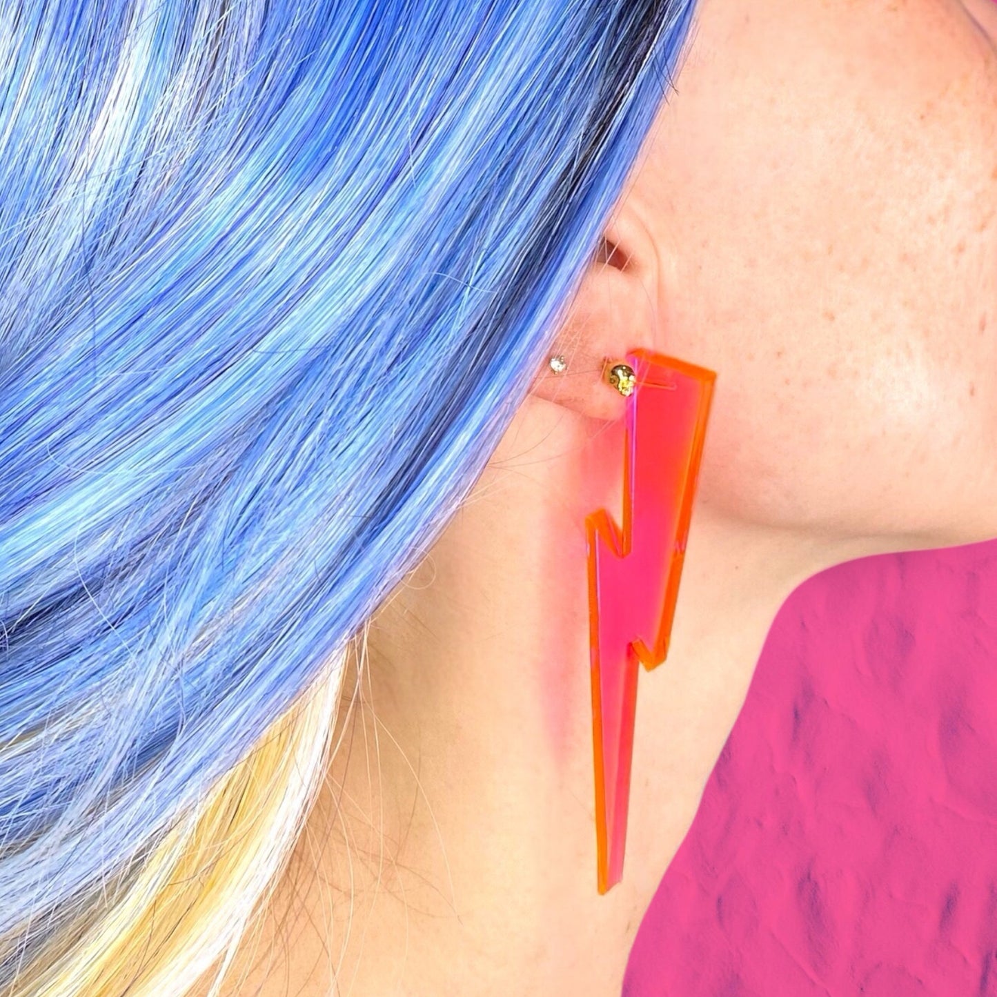 Lightning Bolt Statement Earrings – Clear Pink UV Reactive 🌙